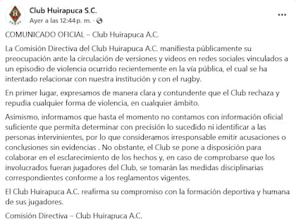 Comunicado del Club Huirapuca