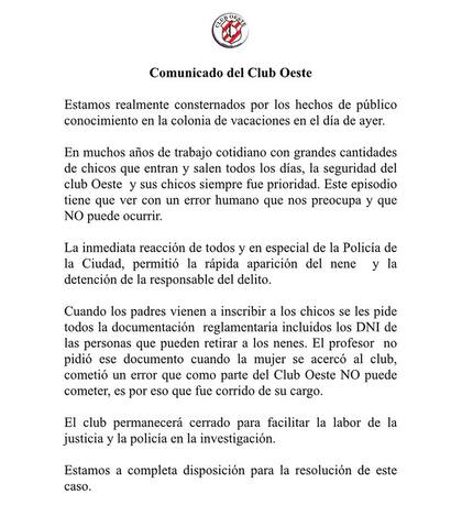 El comunicado del Club Oeste