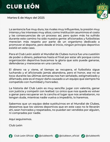 Comunicado del club León, de México, sobre su exclusión del Mundial de Clubes