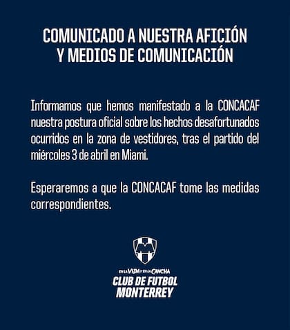Comunicado del club Rayados de Monterrey sobre los incidentes después del encuentro con Inter Miami