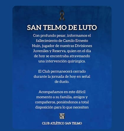 Comunicado del club San Telmo por la muerte de su futbolista Camilo Nuin