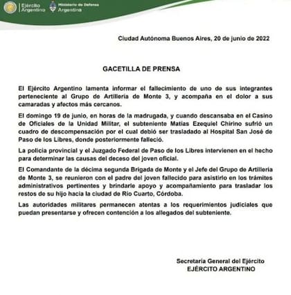 Comunicado del Ejército Argentino sobre la muerte del subteniente Matías Ezequiel Chirino en el Grupo de Artillería de Monte 3 de Paso de los Libres, Corrientes