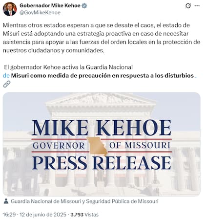 Comunicado del gobernador de Missouri sobre el despliegue de su Guardia Nacional