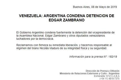 Comunicado del Ministerio de Relaciones Exteriores y Culto de Argentina