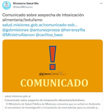 Comunicado del ministerio de Salud de Misiones por un brote de botulismo