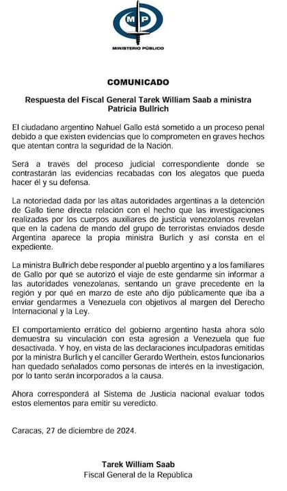 Comunicado del Ministerio Público de Venezuela sobre la causa del gendarme argentino detenido Nahuel Gallo