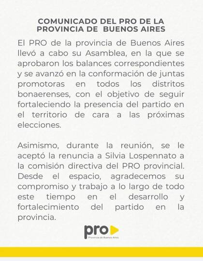 Comunicado del Pro bonaerense