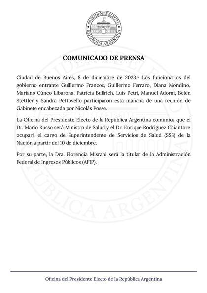 Comunicado oficial con nuevas designaciones