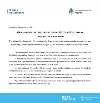 Comunicado oficial de hoy de la empresa Trenes Argentinos del Ministerio de Transporte de la Nación