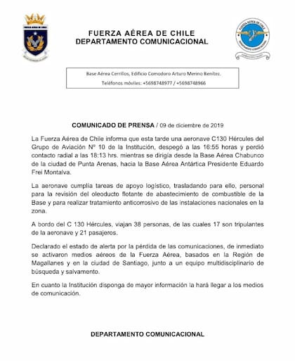 Imagen del comunicado oficial de la Fuerza Aérea de Chile
