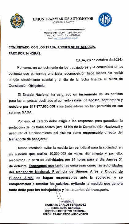 Comunicado oficial de la UTA sobre el paro de colectivos del jueves 31 de octubre