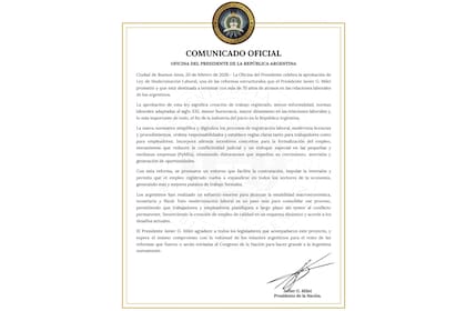 Comunicado Oficial de Presidencia de la Nación