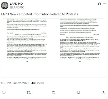 Comunicado oficial del Departamento de Policía de Los Ángeles sobre las detenciones en las protestas