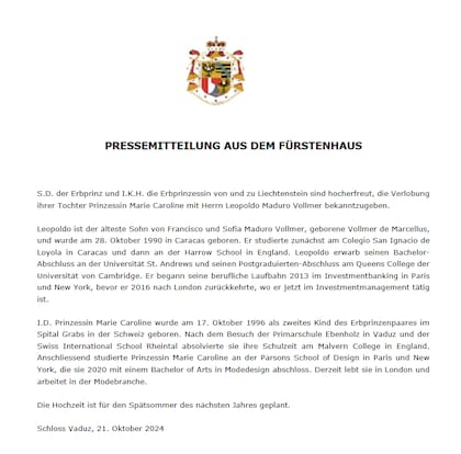 Comunicado oficial del Palacio Real sobre el compromiso entre Leopoldo Maduro Vollmer y la princesa María Carolina de Liechtenstein