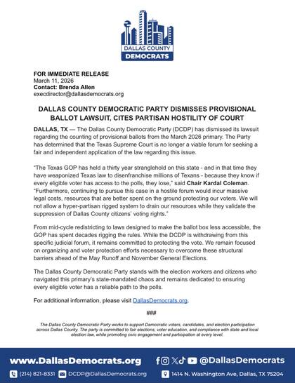 Comunicado oficial del Partido Demócrata de Dallas donde anunció que retira su demanda legal y anula más de 1700 boletas de las recientes primarias