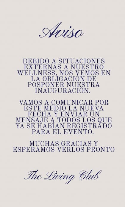 Comunicado publicado por “The Living Club” en sus redes, donde anunciaron la postergación de la inauguración prevista para este sábado