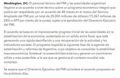 Comunicado que compartió el FMI sobre el acuerdo técnico con la Argentina