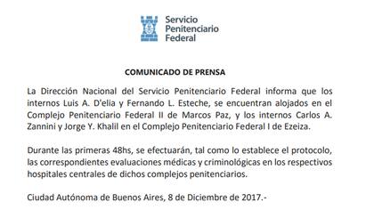 comunicado Servicio Penitenciario Federal presos detenidos denuncia Nisman D''Elía Zannini Esteche