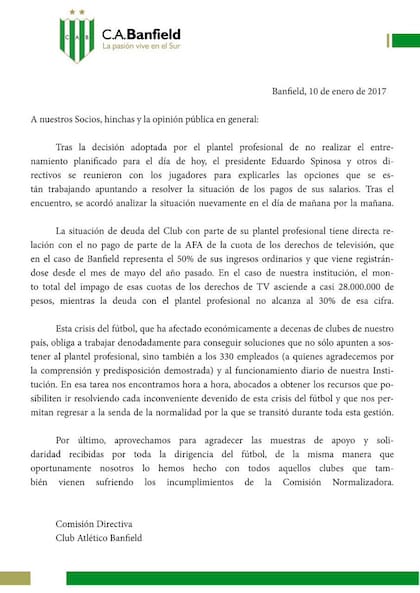 Comunicado sobre la actual situación del club
