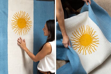 Con el Sol de Mayo bordado a mano, esta bandera argentina de la 'Línea Mundial está realizada íntegramente en lana de oveja.