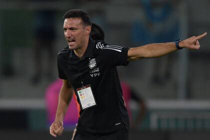 Con energía, Lionel Scaloni gesticula durante el partido ante Colombia