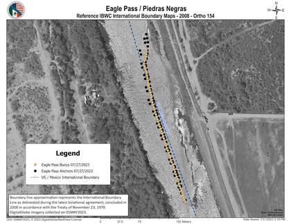Con este diagrama, el gobierno de Estados Unidos comprueba las irregularidades de los funcionarios de Texas al instalar la barrera flotante en la frontera con México