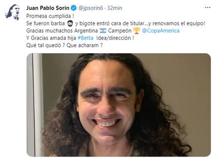 Con este tuit, Sorín mostró cómo luce sin su clásica barba