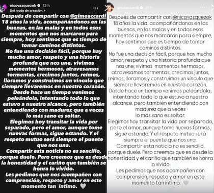 Con estos comunicados, Vázquez y Accardi confirmaron su separación tras 18 años juntos (Foto: Instagram @nicovazquezok / @gimeaccardi)