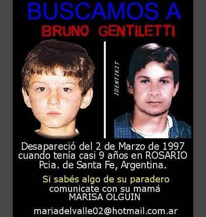 Con la ayuda de la tecnología, se elaboró una imagen de cómo se vería hoy Bruno Gentiletti, que desapareció hace 17 años