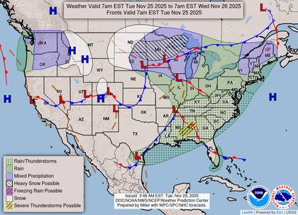 Con la fusión de dos bajas presiones, el sistema generará nevadas significativas sobre los Grandes Lagos entre la noche previa y la mañana del Día de Acción de Gracias