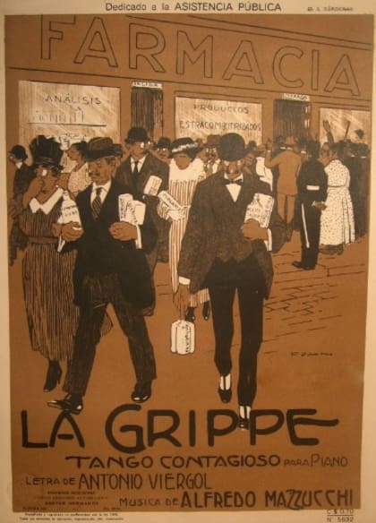 Con la grafía francesa, habitual hace cien años en la Argentina, el tango también dejó testimonio de aquellos días. "La Grippe", de Antonio Viergol y Alfredo Mazzucchi.