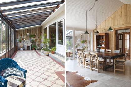 Con la impronta de un viejo patio, este ambiente con cerramiento de hierro y vidrio se puede abrir en verano para convertirse en una fresca galería. Mesa de comedor, Antigüedades Counco (San Martín de los Andes) y sillas artesanales traídas de Santiago del Estero.