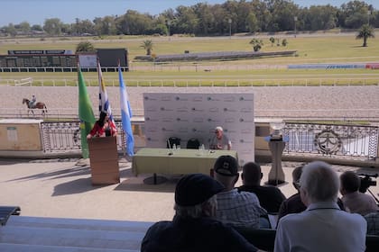 Con las pistas de Maroñas de fondo, mientras varean los caballos, Alfredo Gaitán Dassie responde a las preguntas sobre Emerit Craf, su yegua en el GP Ciudad de Montevideo (G1).