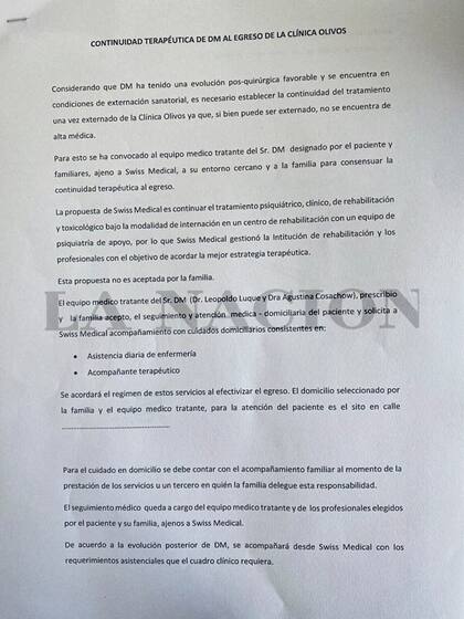 El documento de la externación de Diego Maradona después de la operación