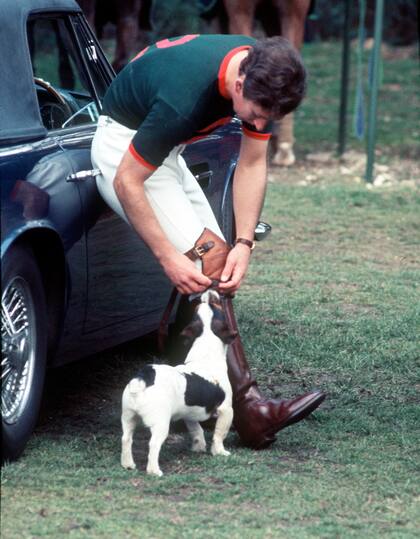 Con su perro Tigga, a mediados de los setenta, en Windsor Great Park y antes de empezar a jugar un partido de polo, pasión que heredó de su padre, el príncipe Felipe.