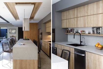 Con un juego parecido al del living, la melamina símil madera se subió al cielo raso para contrastar con el blanco.