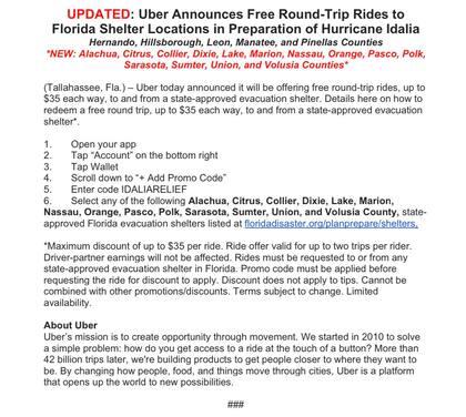 Con un tope de 35 dólares, Uber ofreció traslados gratuitos hacia los refugios ubicados en los condados afectados por el paso del huracán Idalia