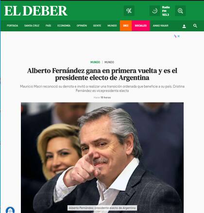 Con una foto de Alberto y Fabiola, el diario boliviano anunció el triunfo del candidato kirchnerista