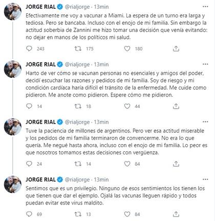 Con una serie de tuits, Jorge Rial anunció que se vacunará en Miami