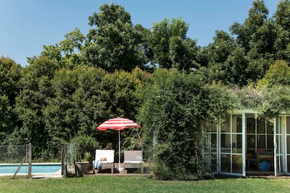 Con vidrios repartidos que hacen pensar en un invernadero y cubierto de enredaderas, el quincho junto a la pileta recuerda veranos de infancia.