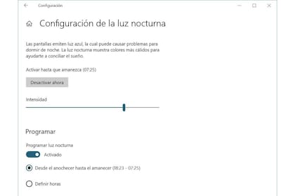 Configuración de Luz Nocturna en Windows 10