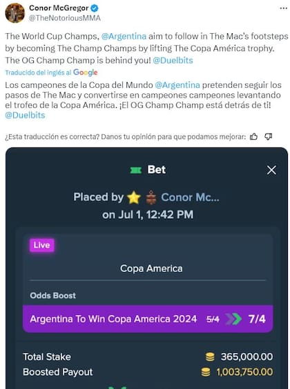 Conor McGregor apostó 365 mil dólares en favor de la selección argentina