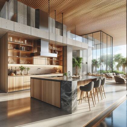 Consigna: "Villa contemporanéa". Estilo fusión mexicano y mediterráneo, hormigón, madera clara y vidrio a la vista, mood calmo y vista al mar.