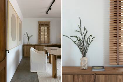 Consola con sectores abiertos y cerrados (Lau Interiors). Cuadros (Polonia). Alfombra de lana (Missha Deco). La cortina ‘Wood Blind’ (Hunter Douglas) combina con el color de las paredes.