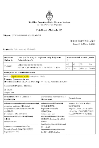 Constancia del Registro de la Propiedad del departamento que compró Manuel Adorni en la calle Miro