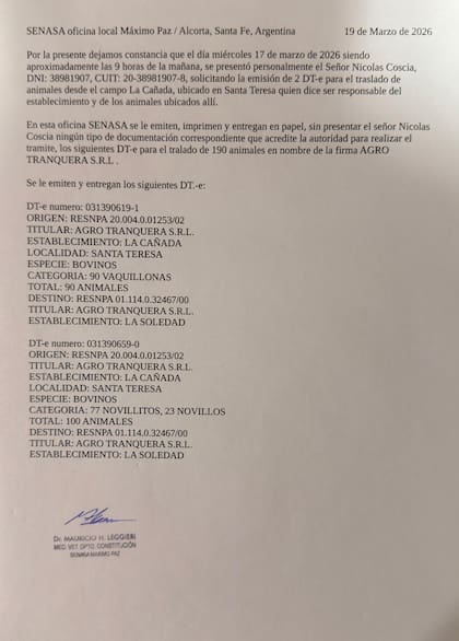 Constancia del Senasa que registraría la anulación de un Documento de Tránsito Electrónico (DT-e) por 100 bovinos, con motivo consignado como “otros – estafa”, emitida el 17 de marzo de 2026