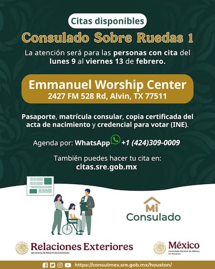 Consulado móvil dará servicio en Houston del 10 al 13 de febrero de 2026 (X @ConsulMexHou)