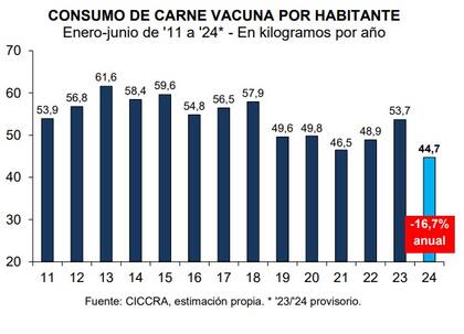Consumo de carne vacuna en los primeros seis meses desde 2011