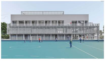 Contará con un playón deportivo exterior de 4100 m2, un polideportivo cubierto de 1260 m2, vestuarios, SUM, sala de danza y una terraza verde.