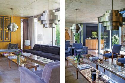 Acá aparece colgada la otra mitad del biombo. En el rincón, lámpara de mesa años 60 (El Santiagueño). Las colgantes modelo ‘Zorba’ (Duveen) reiteran el motivo futurista. Al fondo, la barra que separa la cocina del comedor.